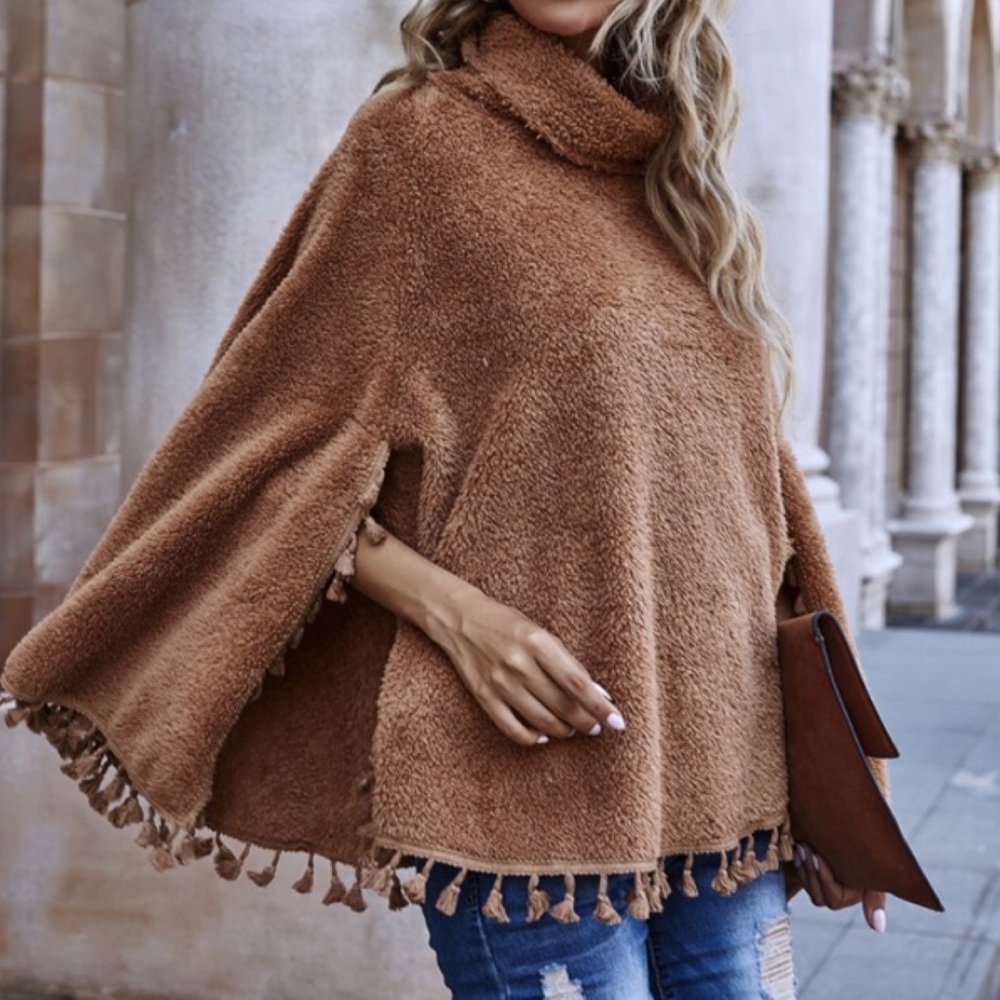 SOLD OUT CLEARANCE Soft Teddy Faux Fur Fringe Turtleneck Cape - Picture 4 of 8